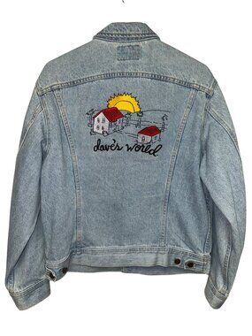 Vintage Lee Denim Jean Jacket Dave's World Embroidered USA Medium Farm Chore